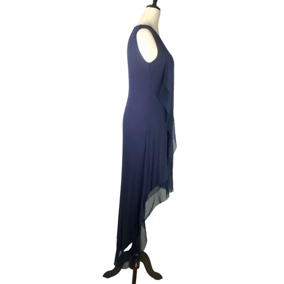 BCBGMaxAzria Cydnee dress navy blue ribbed knit jersey netting mesh high low XXS - Picture 3 of 11